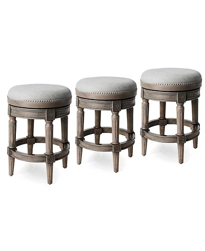 Maven Lane Pullman Backless Counter Stool in Reclaimed Oak Finish with Ash Grey Fabric Upholstery, Set of 3
