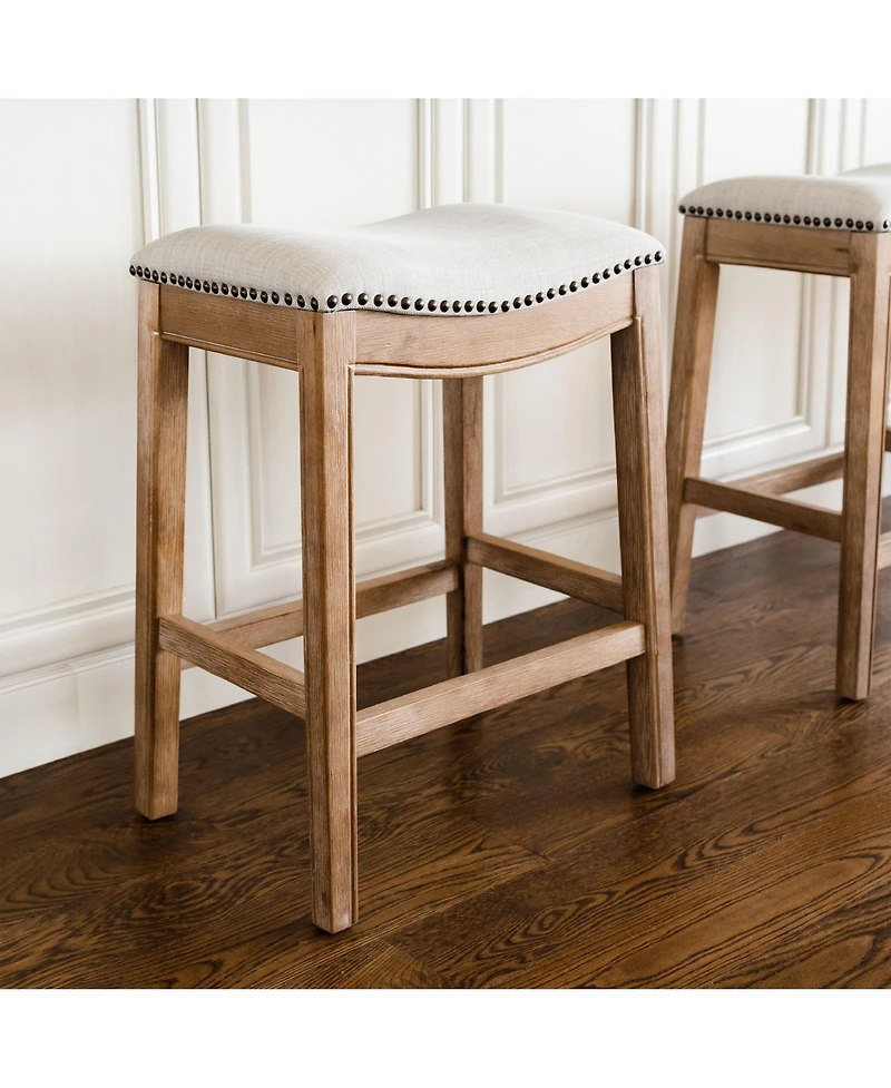 Maven Lane Adrien Saddle Bar Stool in Weathered Oak Finish w/ Sand Color Fabric Upholstery, Set of 4