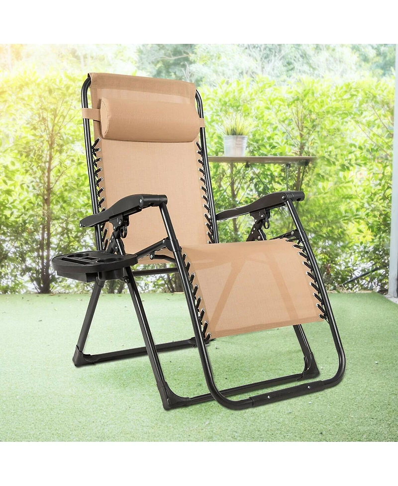 Gymax Folding Zero Gravity Lounge Chair Recliner w/ Cup Holder Tray Pillow