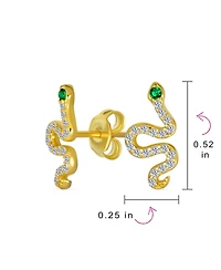 Bling Jewelry Minimalist Cz Stud Earrings Green Eyed Serpent Snake in Gold Plated Silver