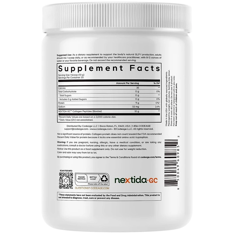 Codeage Glp-1 Collagen Powder Supplement - Nextida Gc Collagen Peptides - Glp 1 Support - Hydrolyzed Collagen, Grass-Fed, Type I & Iii, Unflavored