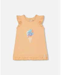Deux par Deux Big Girls Organic Cotton Tunic With Frill And Print Light Orange And Ice Cream Cone