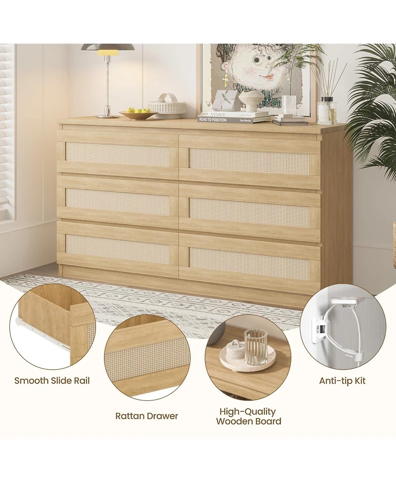gaomon Rattan Dresser for Bedroom, Modern 6 Drawer Double Dresser with Anti-Tip Kit