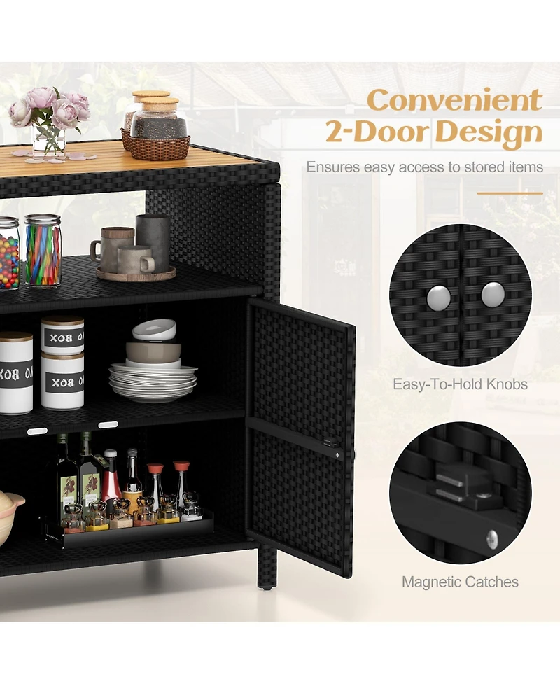 Gouun Rattan Storage Cabinet with Acacia Wood Countertop for Poolside Deck and Patio