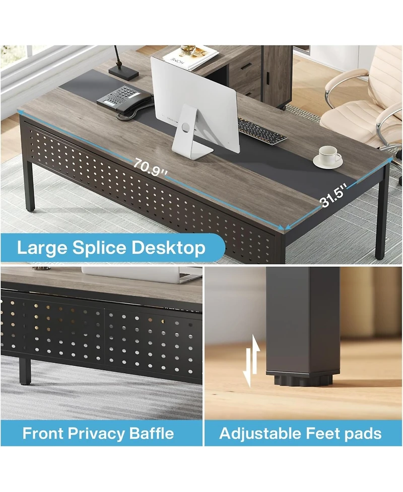Tribesigns 70.8" Large Executive Office Desk and 47" Lateral File Cabinet Combo, L-Shaped Computer Desk 2 Piece Business Furniture with Drawers and Sh
