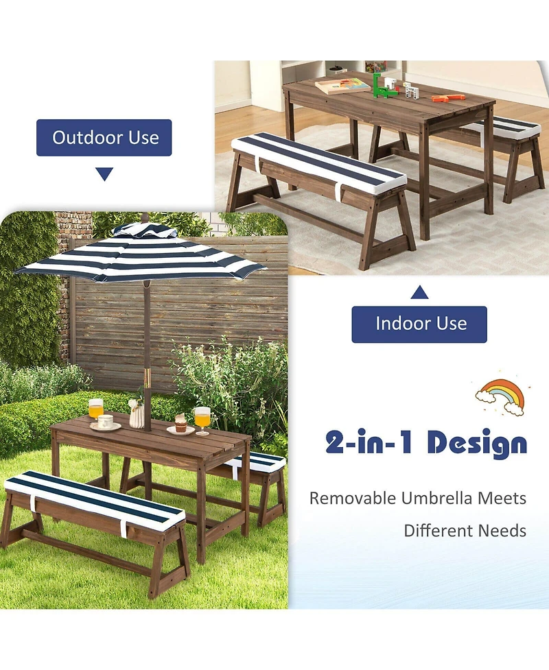 Gouun Kids Picnic Table and Bench Set with Cushions and Height Adjustable Umbrella
