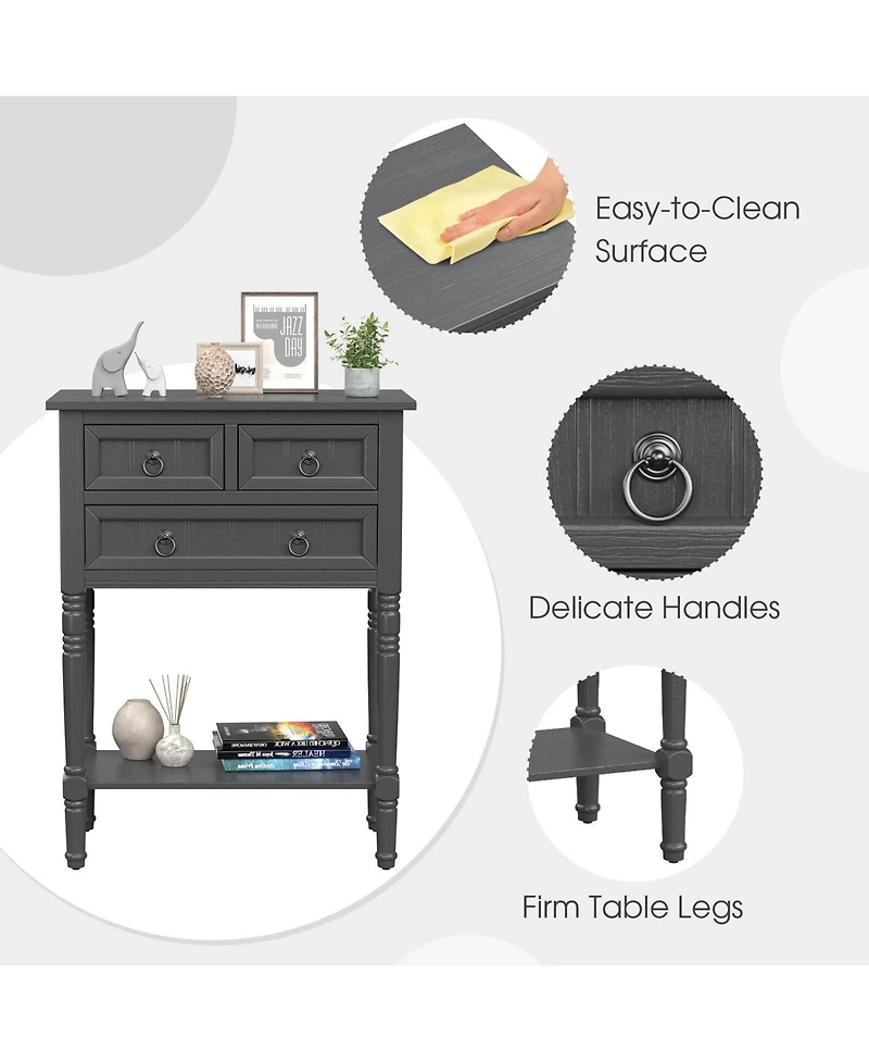 Gouun Narrow Console Table with 3 Storage Drawers and Open Bottom Shelf