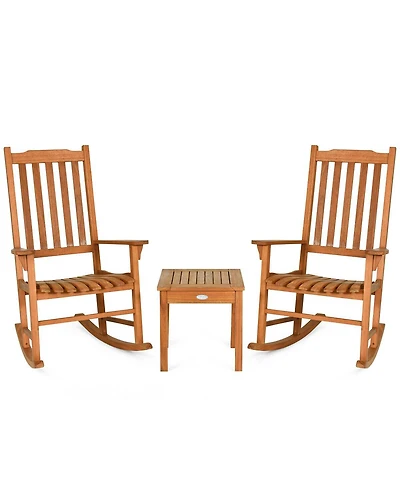 Gymax 3 Pcs Eucalyptus Rocking Chair Set W/ Coffee Table 2 Wood Conversation Chairs