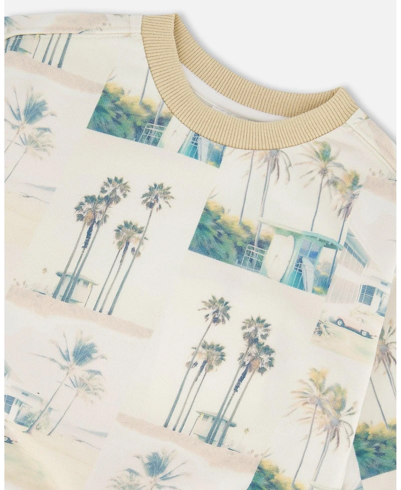 Deux par Deux Baby Boys Printed Pullover Sweatshirt Beige Palm Tree And Teal