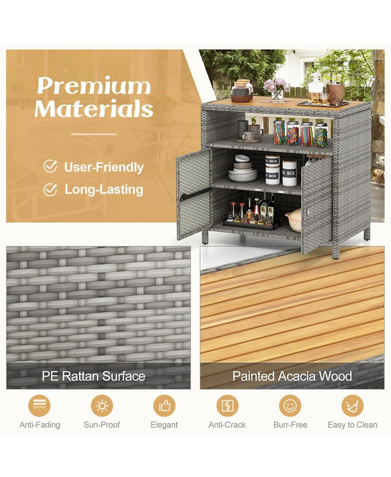 Gouun Rattan Storage Cabinet with Acacia Wood Countertop for Poolside Deck and Patio