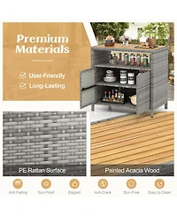 Gouun Rattan Storage Cabinet with Acacia Wood Countertop for Poolside Deck and Patio