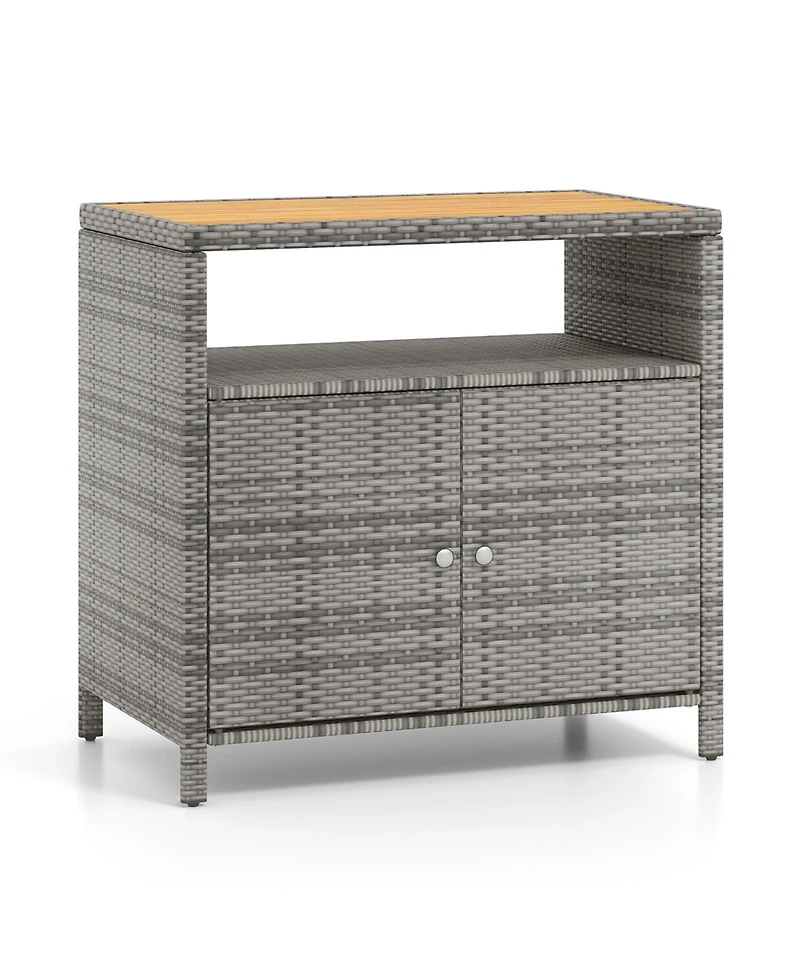 Gouun Rattan Storage Cabinet with Acacia Wood Countertop for Poolside Deck and Patio