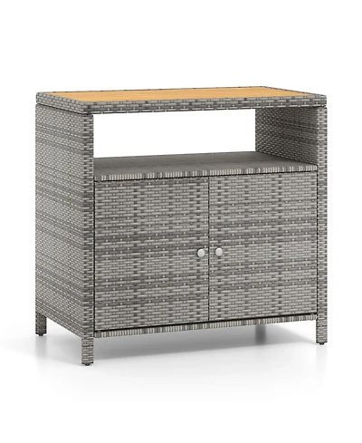 Gouun Rattan Storage Cabinet with Acacia Wood Countertop for Poolside Deck and Patio