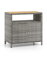 Gouun Rattan Storage Cabinet with Acacia Wood Countertop for Poolside Deck and Patio