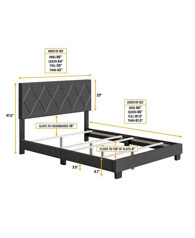 Boyd Sleep Rhombus Upholstered Platform Bed with Headboard, Mattress Foundation Strong 4 Wood Slat Supports, Box Spring Required