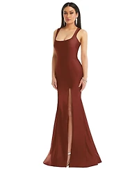Cynthia & Sahar Women's Square Neck Stretch Satin Mermaid Dress with Slight Train