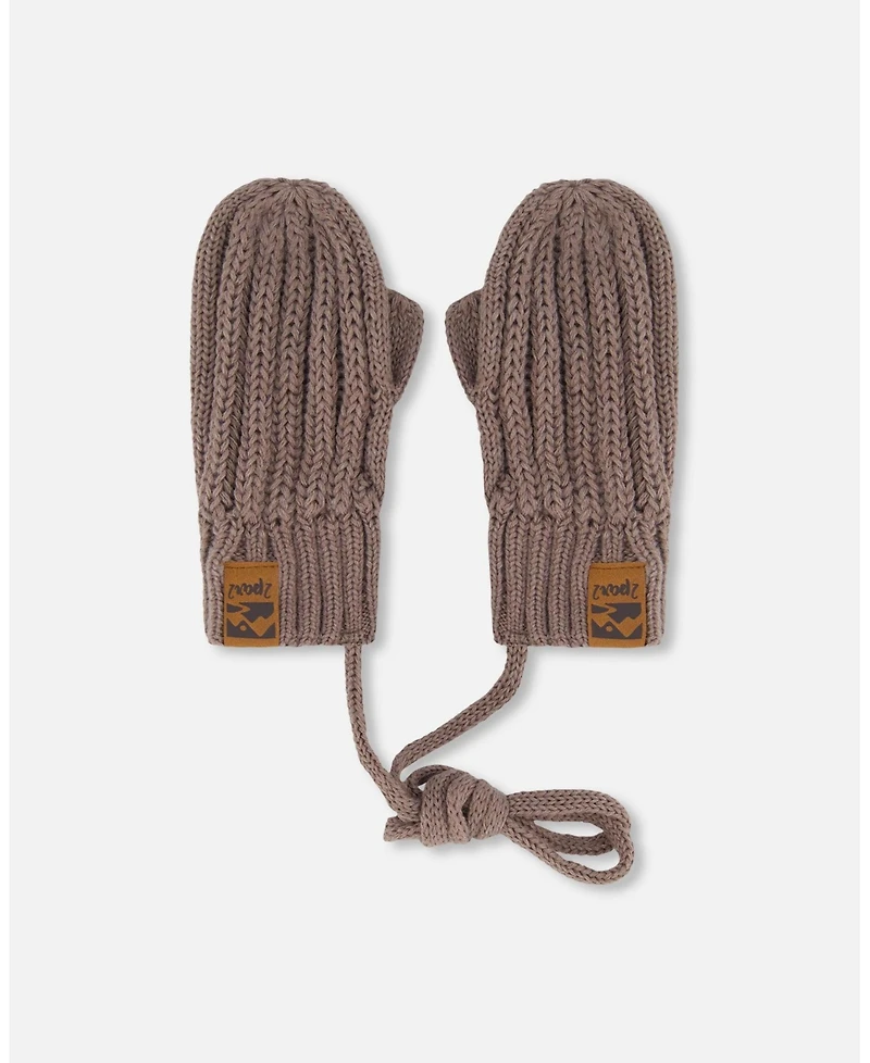 Deux par Deux Baby Boys Knit Mittens With String Taupe