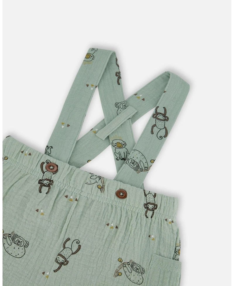 Deux par Deux Baby Boys Printed Muslin Shortall And Organic Cotton Onesie Set Sage Monkey And Off-White