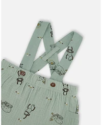 Deux par Deux Baby Boys Printed Muslin Shortall And Organic Cotton Onesie Set Sage Monkey And Off-White