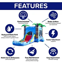 HeroKiddo Ocean Shark Commercial Grade Inflatable Bounce House Water Slide Combo with Attached Splash Pool (No Blower Included)