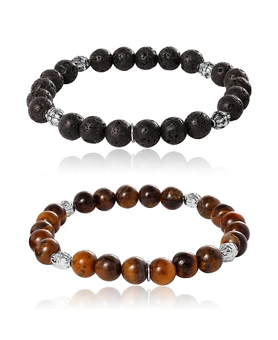 Lucky Brand Beaded Bracelets – Tiger's Eye & Lava Matte Black Stone Stretch Set