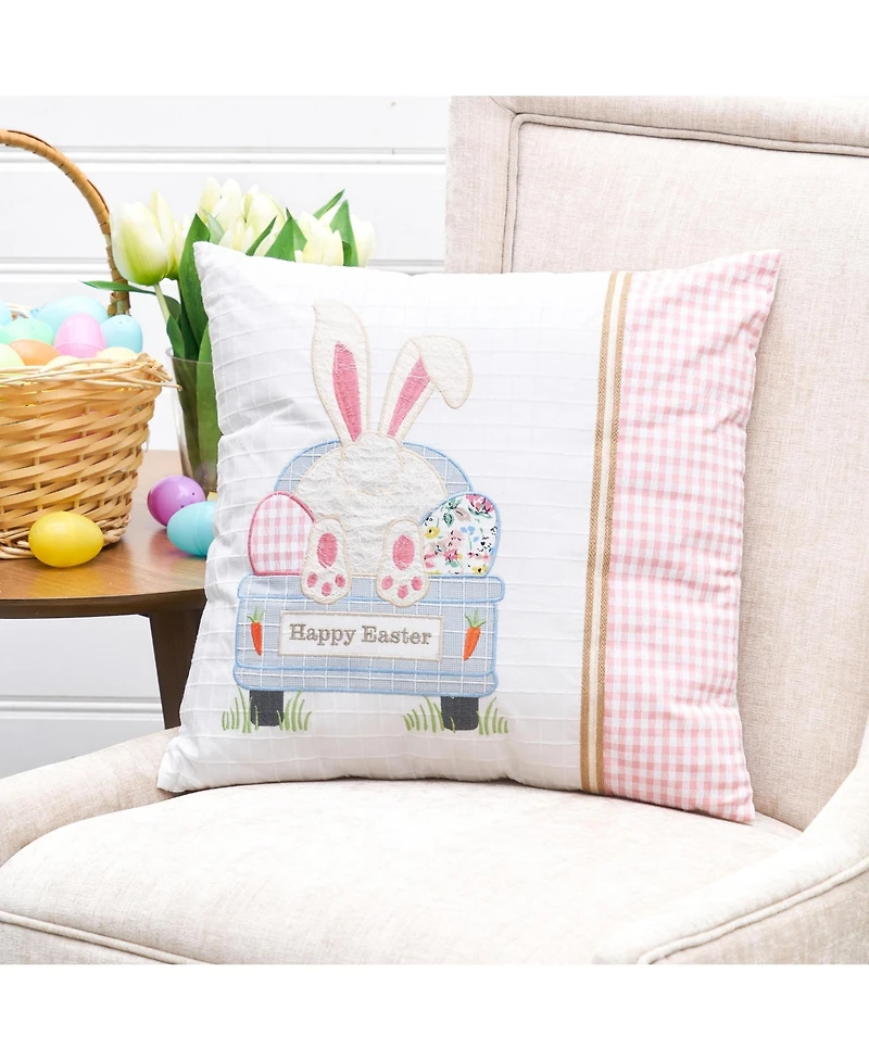 18" x 18" Happy Easter Spring Themed Bunny Eggs Embroidered Accent Throw Pillow
