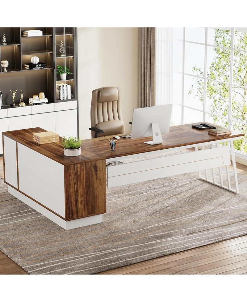Tribesigns 71-Inch Executive Desk, L-Shaped Desk with Cabinet, Large Office Desk with Drawers and Storage Shelves, Writing Table Computer Desk