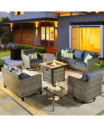 Xizzi Patio Furniture Set 6 Piece Outdoor Sectional Sofa with Rocking Swivel Chairs Square Fire Pit Table Loveseat All Weather Wicker Rattan Conve