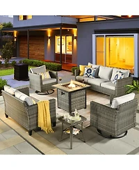 Xizzi Patio Furniture Set 6 Piece Outdoor Sectional Sofa with Rocking Swivel Chairs Square Fire Pit Table Loveseat All Weather Wicker Rattan Conve