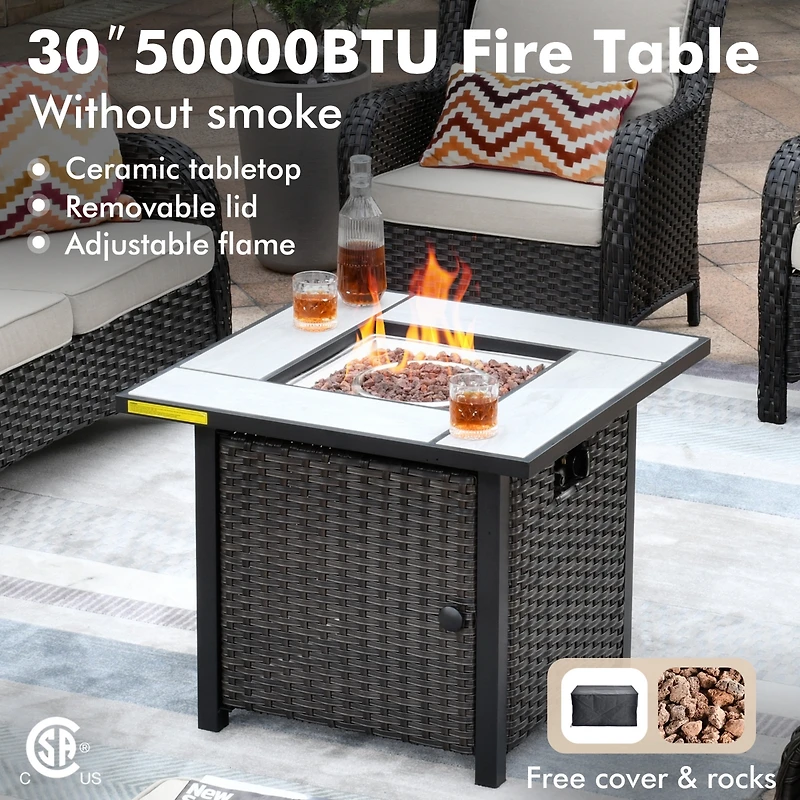 Xizzi Patio Furniture Sets Outdoor Swivel Rocking Chairs with 50,000 Btu Propane Fire Pit Table 7 Pieces All Weather Pe Wicker Conversation Sofa and M