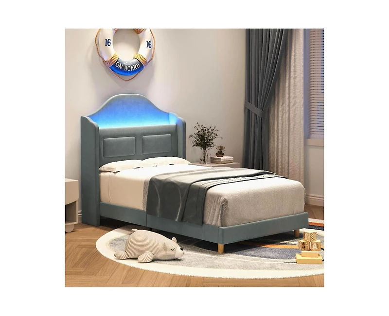 gaomon Upholstered Twin Bed Frame with Led Lights, Velvet Platform Bed Frame with Wing Back Storage Headboard, Wood Slats Support
