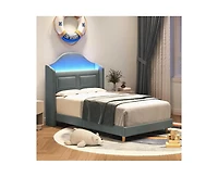 gaomon Upholstered Twin Bed Frame with Led Lights, Velvet Platform Bed Frame with Wing Back Storage Headboard, Wood Slats Support