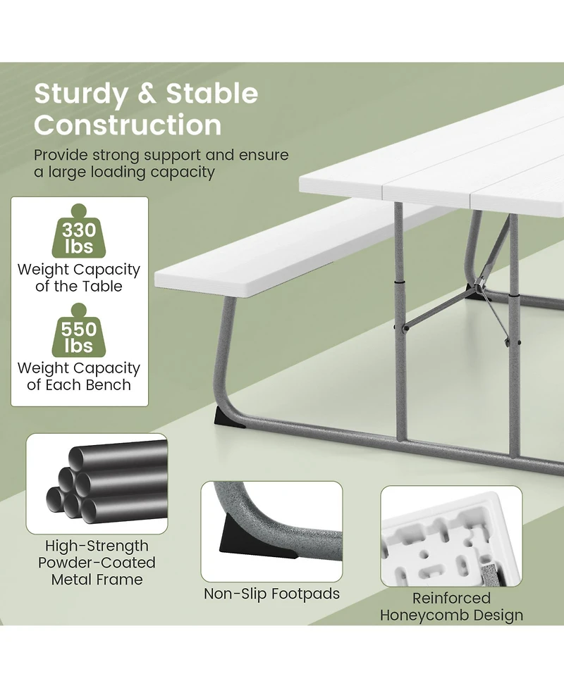 Folding Picnic Table Set with Metal Frame and All-Weather Hdpe Tabletop, Umbrella Hole
