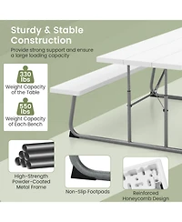 Folding Picnic Table Set with Metal Frame and All-Weather Hdpe Tabletop, Umbrella Hole