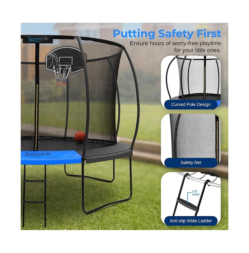 SereneLife 10ft Pumpkin Trampoline with Inner Enclosure, Ladder, and Basketball Hoop for Kids