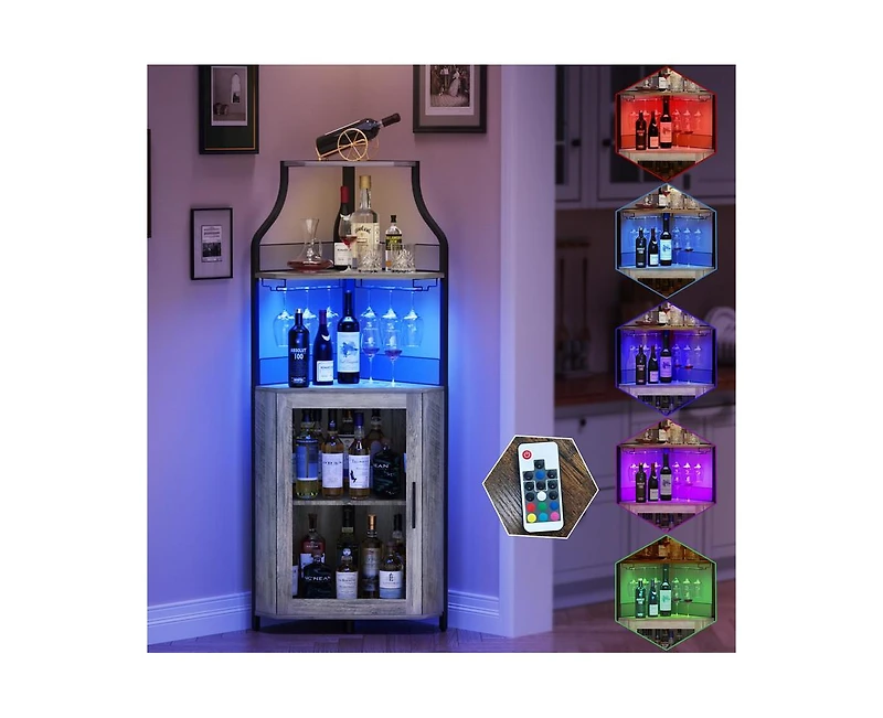 gaomon Corner Bar Cabinet with Led Lights, Industrial Liquor Cabinet with Adjustable Shelf, 5-Tier Industrial Wine Cabinet with Glass Holder