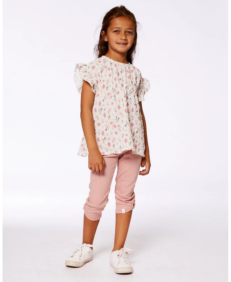 Deux par Deux Toddler Girls Printed Seersucker Blouse With Frills Pink Flowers On Cream Background - Toddler|Child