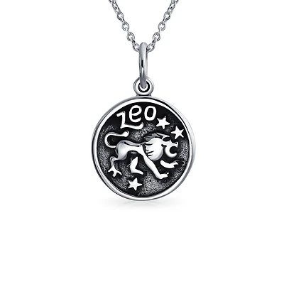 Bling Jewelry Round Medallion Leo Zodiac Sign Astrology Horoscope Pendant Necklace Oxidized .925 Sterling Silver