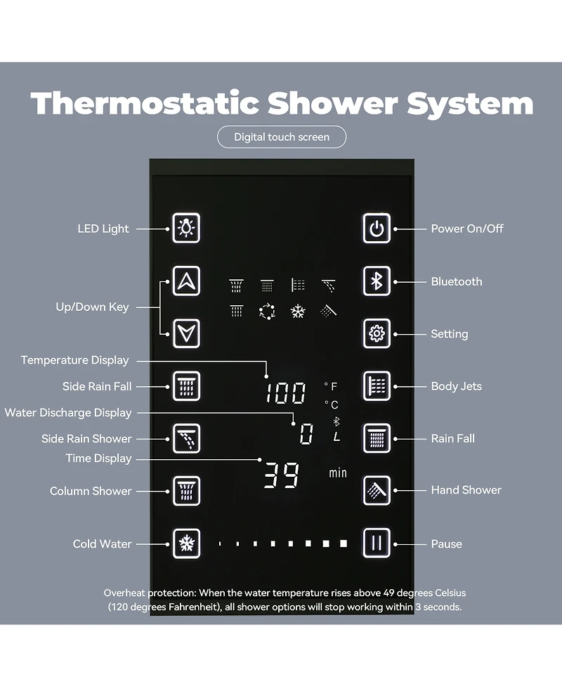 Casainc Flush-Mount Led Bluetooth Music Rainfall Shower System with Smart Touch Screen Display