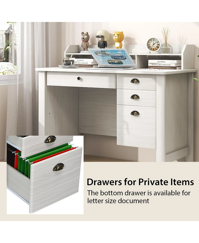 Gouun Vintage Computer Desk with Storage Shelves and 4 Drawer