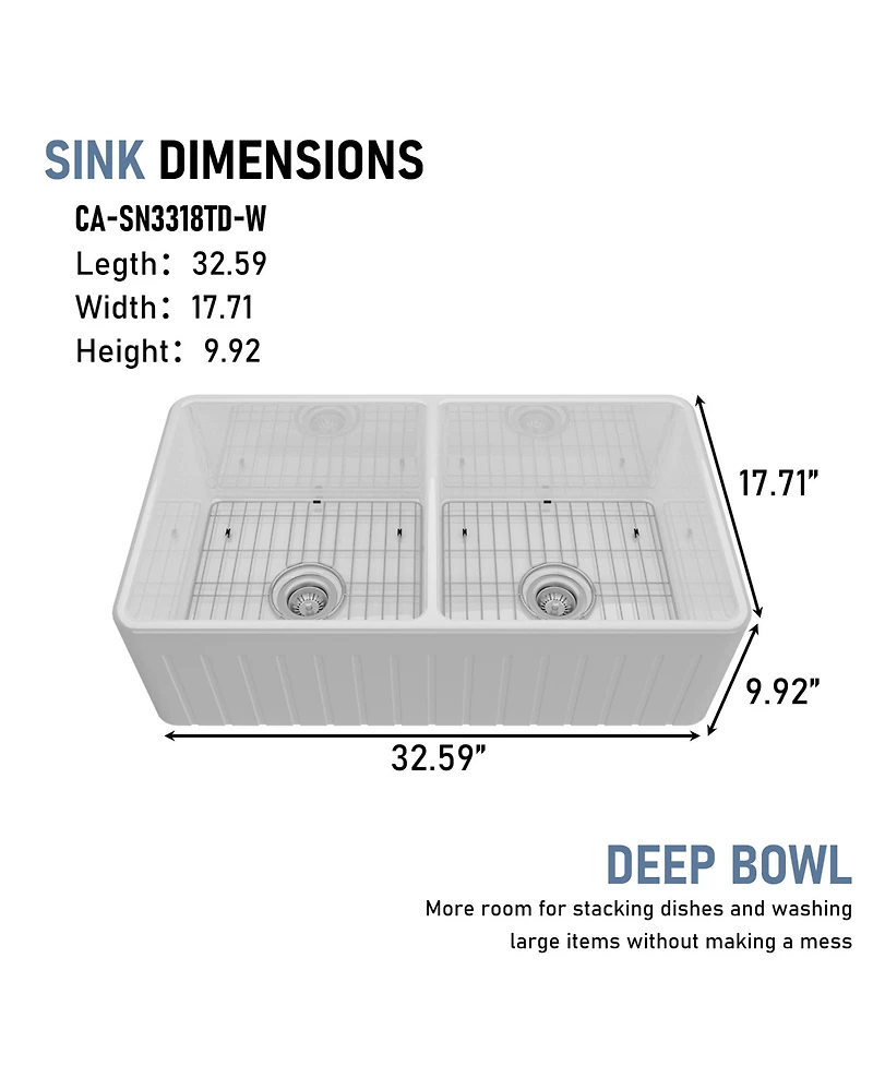 Casainc 33inch L x 18inch W Double Bowl Fireclay Farmhouse Kitchen Sink with Sink Grid