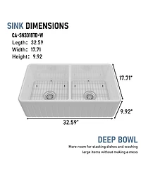 Casainc 33inch L x 18inch W Double Bowl Fireclay Farmhouse Kitchen Sink with Sink Grid