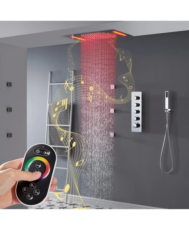 Chrome Luxury 4-Way Thermostatic Shower System with Led and Music Player Shower Faucet Set with Handheld Shower Head and Body Jets