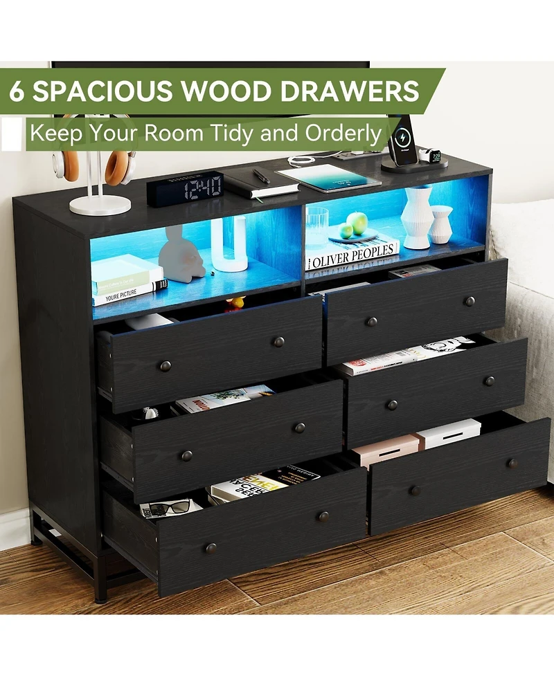 gaomon 6 Drawer Dresser with Led Lights, Modern Large Capacity Storage Cabinet