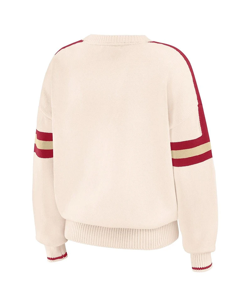 Wear by Erin Andrews Women's Cream Oklahoma Sooners Chenille Woven Patch Stripe Pullover Sweater