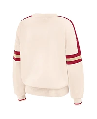 Wear by Erin Andrews Women's Cream Oklahoma Sooners Chenille Woven Patch Stripe Pullover Sweater