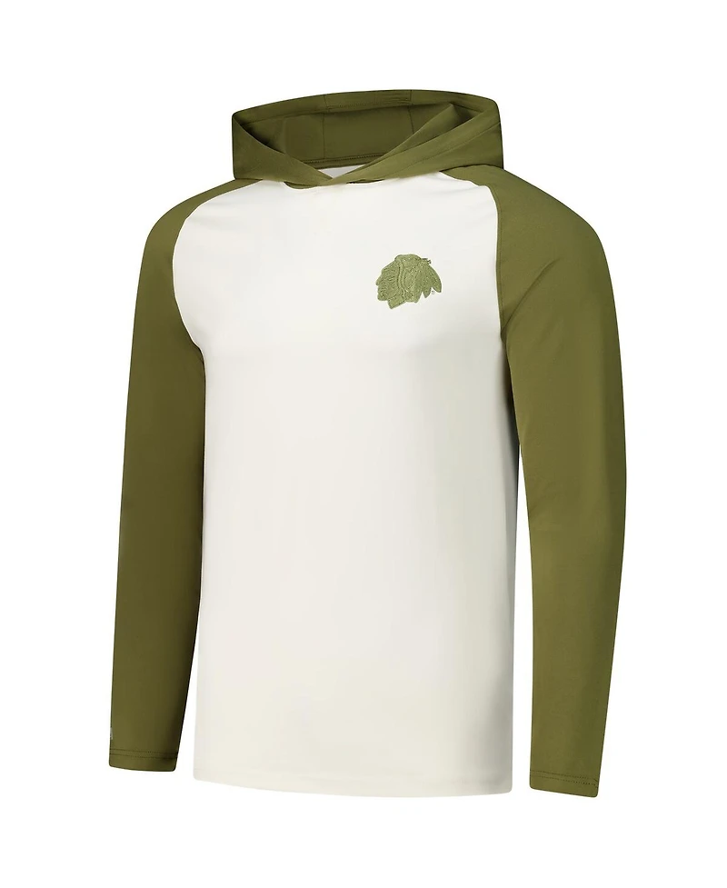 Antigua Men's Cream/Olive Chicago Blackhawks Intrepid Sand Raglan Long Sleeve Hoodie T-Shirt