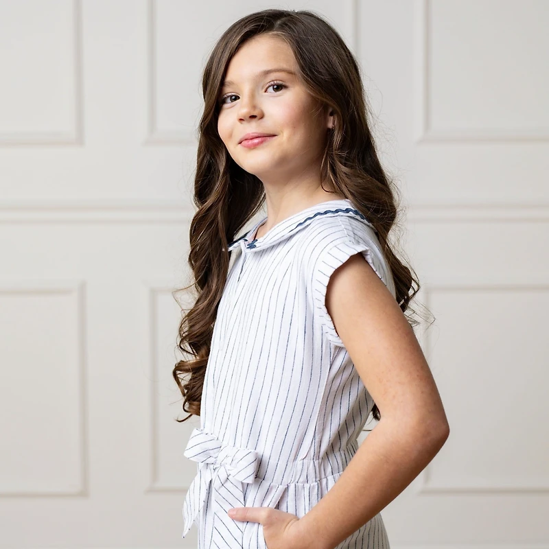 Hope & Henry Girls' Linen Peter Pan Collar Button Front Romper, Toddler