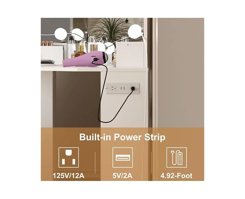 gaomon Corner Vanity Mirror with Lights and Table Set & Power Outlet, Makeup Vanity Table with Lights with 2 Drawers & Stool