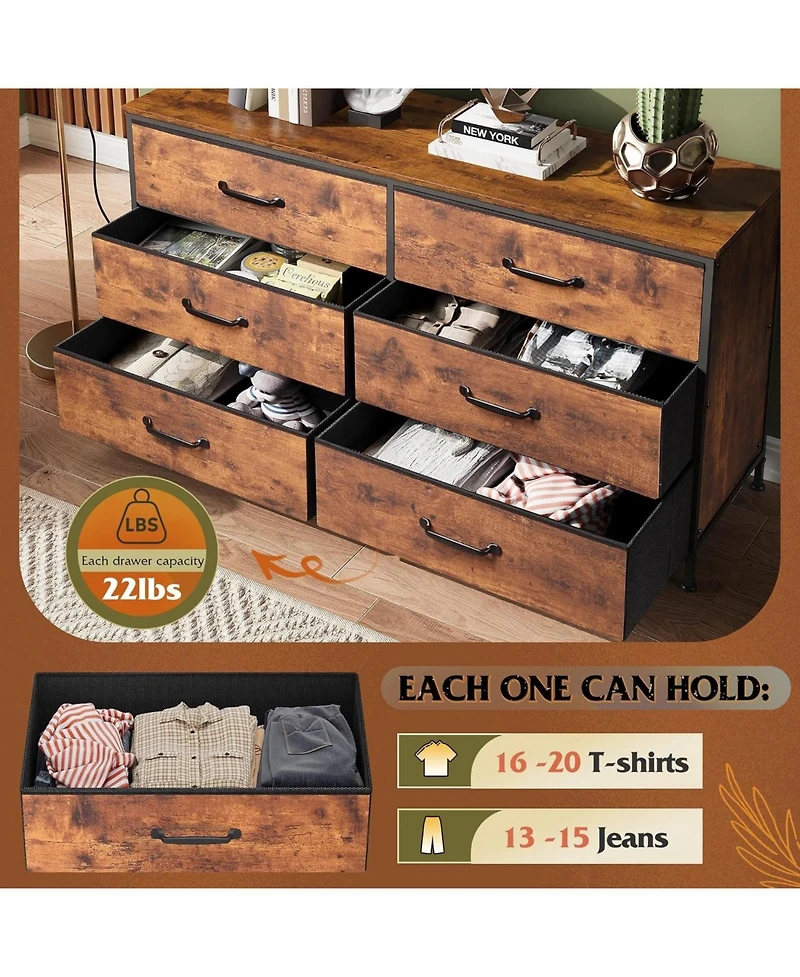 Wlive Wide Fabric Dresser 6 Drawer Dresser Tv Stand for 60/" Tv Dressers Bedroom Furniture Large Storage Tower Unit with Fabric Bins Dresser for Bedro